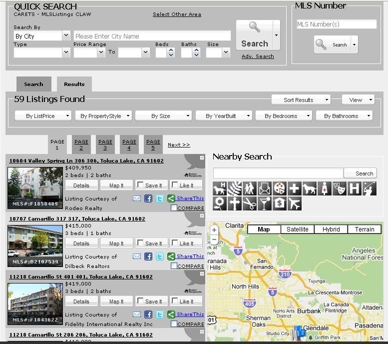 screen shot of toluca lake home search