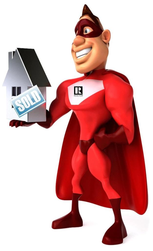 SUPER HERO REALOR CHARACTER HOLDING SOLD SIGN